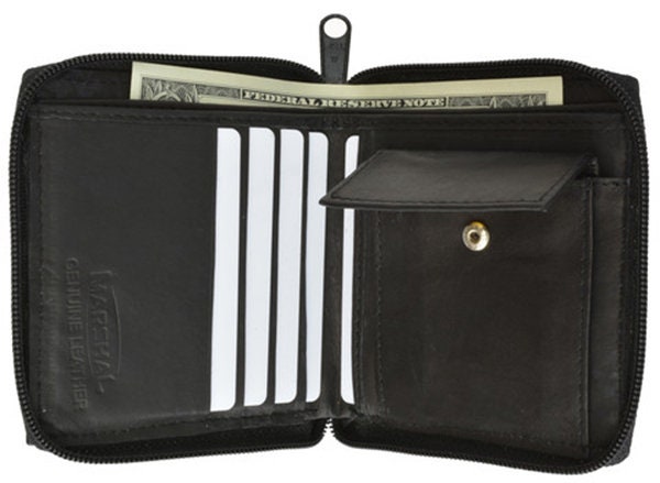 Genuine Leather Zip-Around Men's Bifold Wallet with coin pocket Black Brown Burgundy