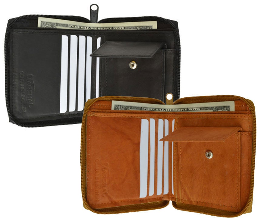 Genuine Leather Zip-Around Men's Bifold Wallet with coin pocket Black Brown Burgundy