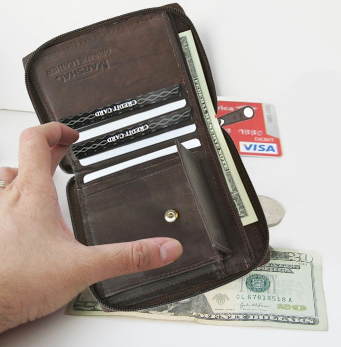 Genuine Leather Zip-Around Men's Bifold Wallet with coin pocket Black Brown Burgundy