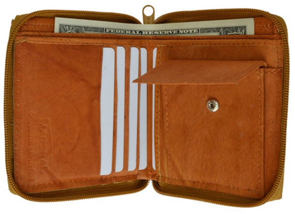 Genuine Leather Zip-Around Men's Bifold Wallet with coin pocket Black Brown Burgundy