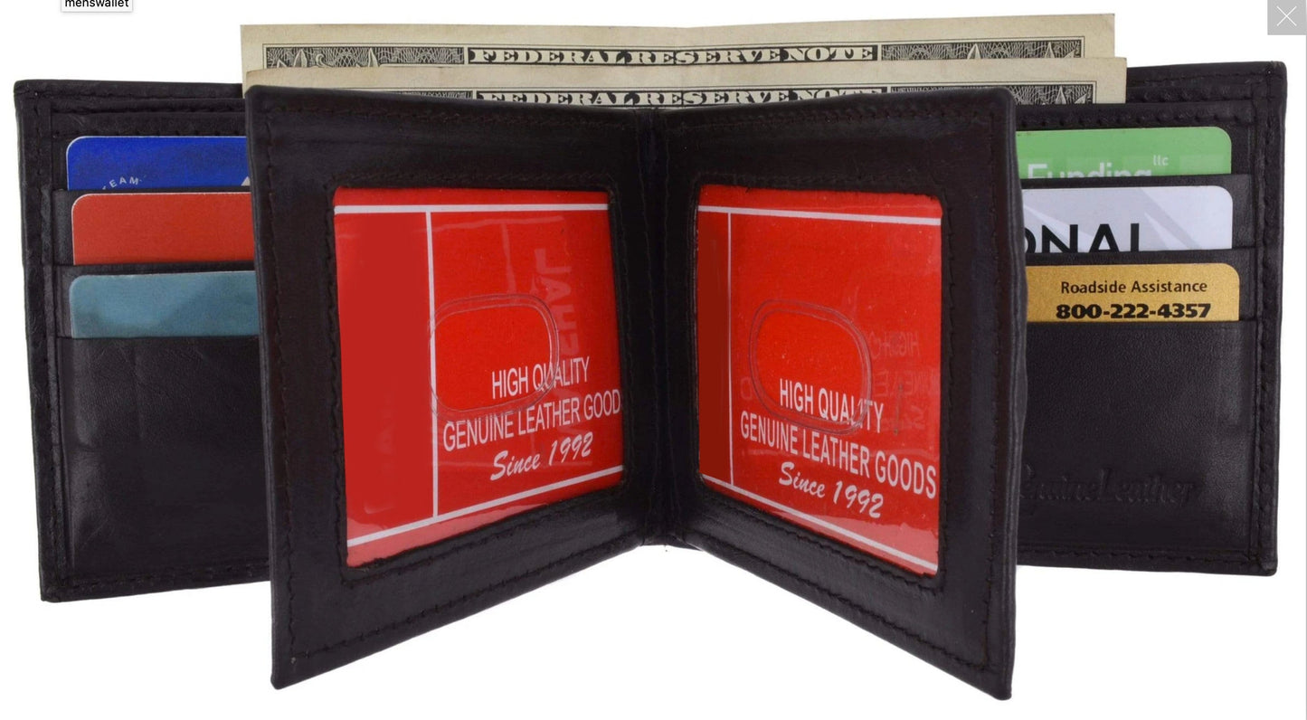 RFID Blocking Genuine Leather Men's 2 Center Flap Bifold Wallet ID Credit Card ID Holder