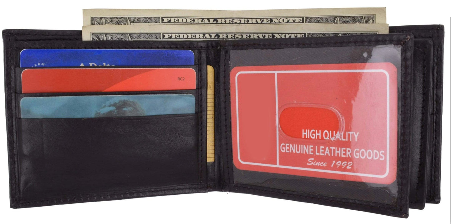 RFID Blocking Genuine Leather Men's 2 Center Flap Bifold Wallet ID Credit Card ID Holder