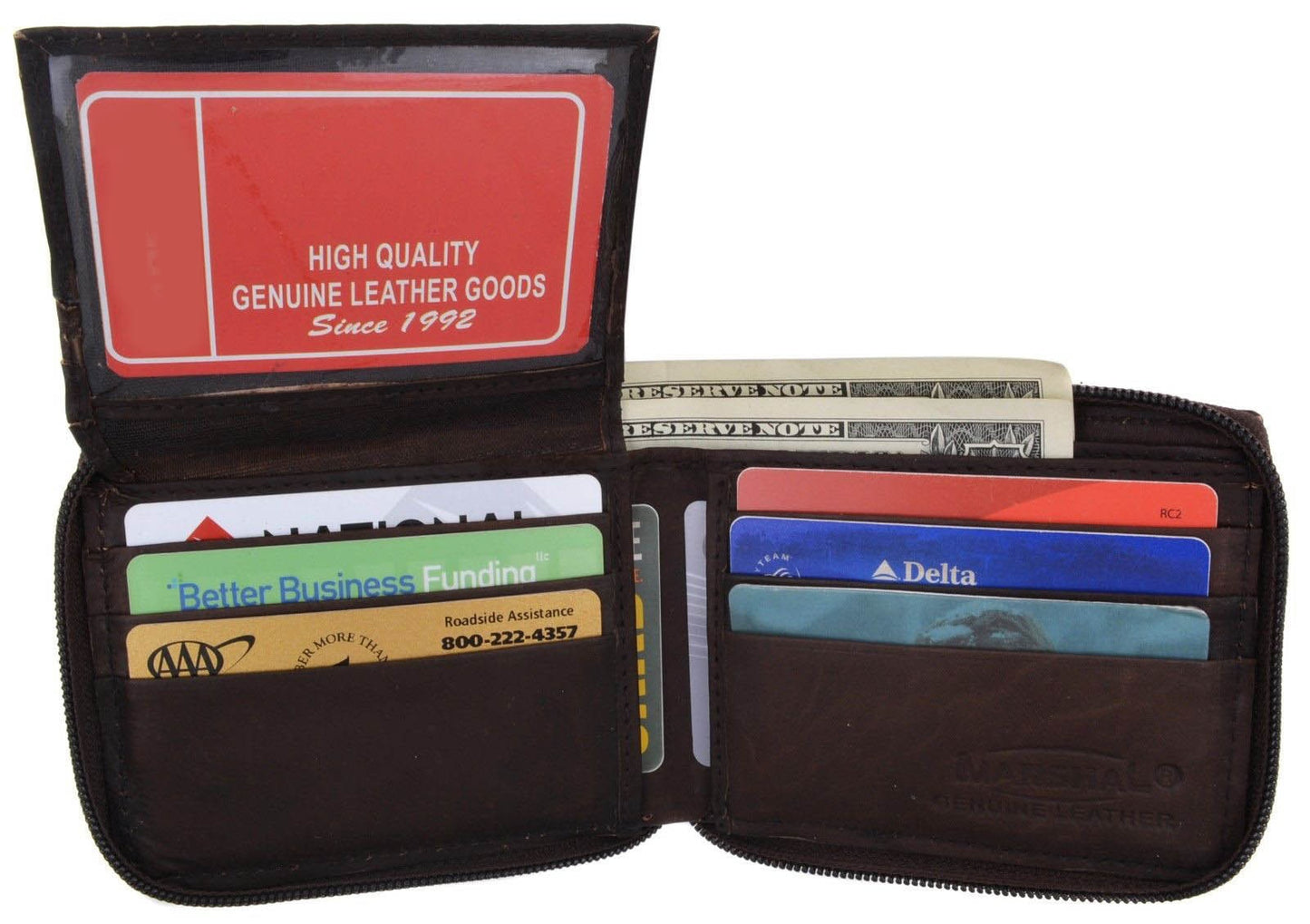 Genuine Leather Zip-Around Men's Bifold Wallet Flap Top ID Holder