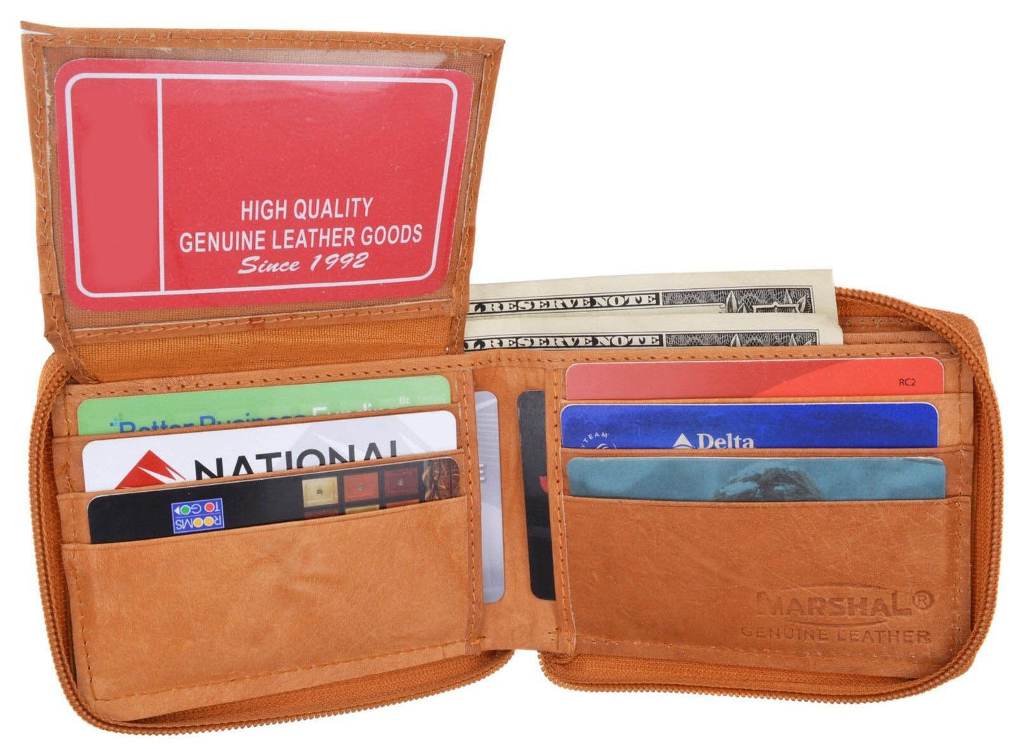 Genuine Leather Zip-Around Men's Bifold Wallet Flap Top ID Holder