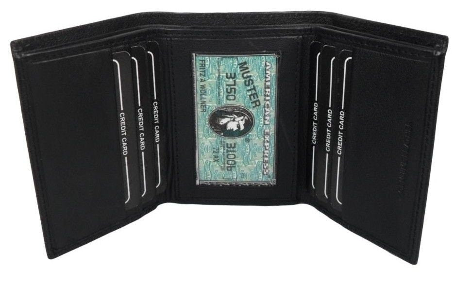 Black Genuine Leather Mens Trifold Wallet Front Pocket ID badge Holder
