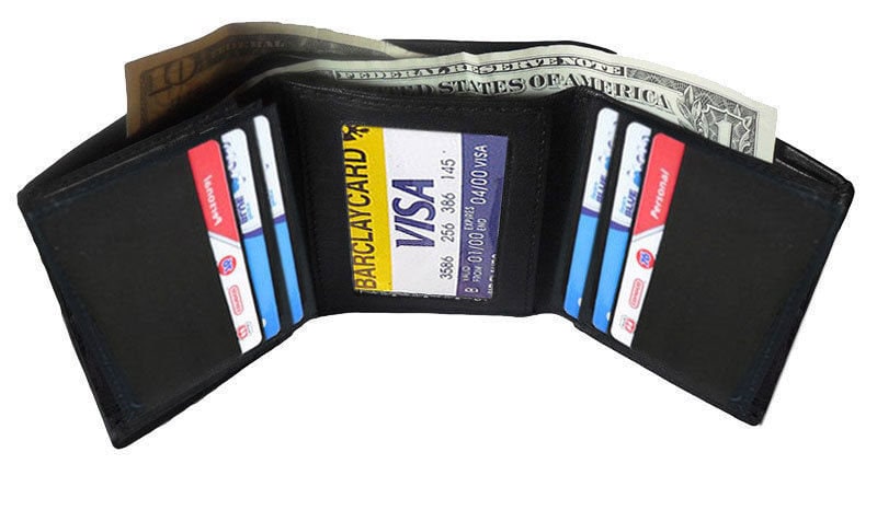 Black Genuine Leather Mens Trifold Wallet Front Pocket ID badge Holder