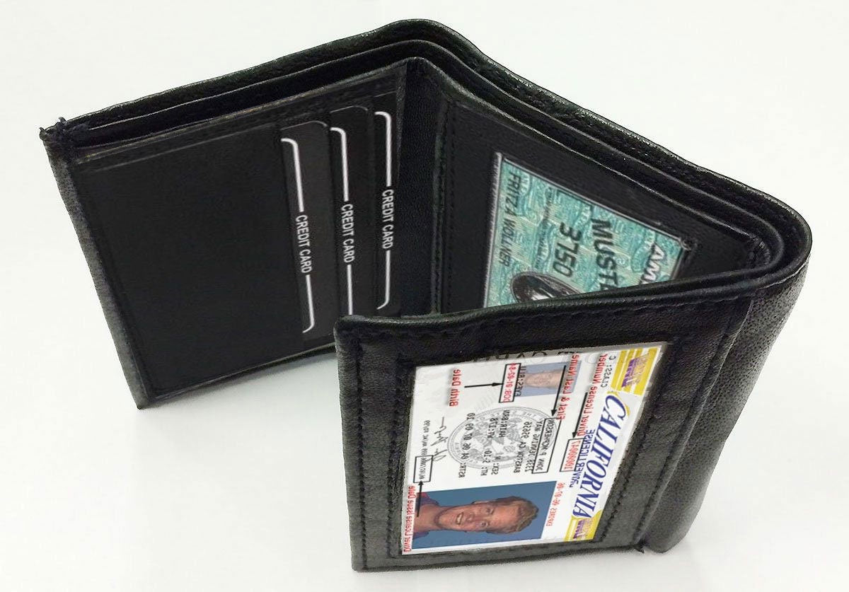 Black Genuine Leather Mens Trifold Wallet Front Pocket ID badge Holder