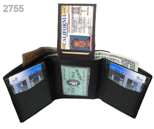 RFID Blocking Black Handcrafted Genuine Leather Mens Trifold Wallet Front Pocket ID badge Holder Flap Top