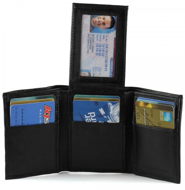RFID Blocking Black Handcrafted Genuine Leather Mens Trifold Wallet Front Pocket ID badge Holder Flap Top