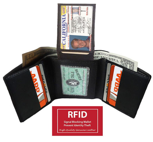 RFID Blocking Black Handcrafted Genuine Leather Mens Trifold Wallet Front Pocket ID badge Holder Flap Top