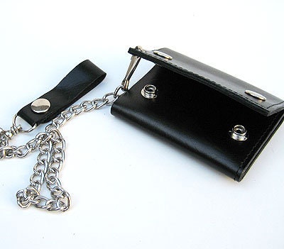 Black Full Grain Leather Men's Biker's Chain Trifold Wallet Trucker Motorcycle Plain or Eagle Print
