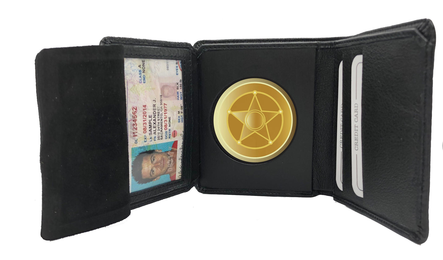 RFID Blocking Black Leather Men's Conceal Carry Badge Wallet License Circle Shield Holder