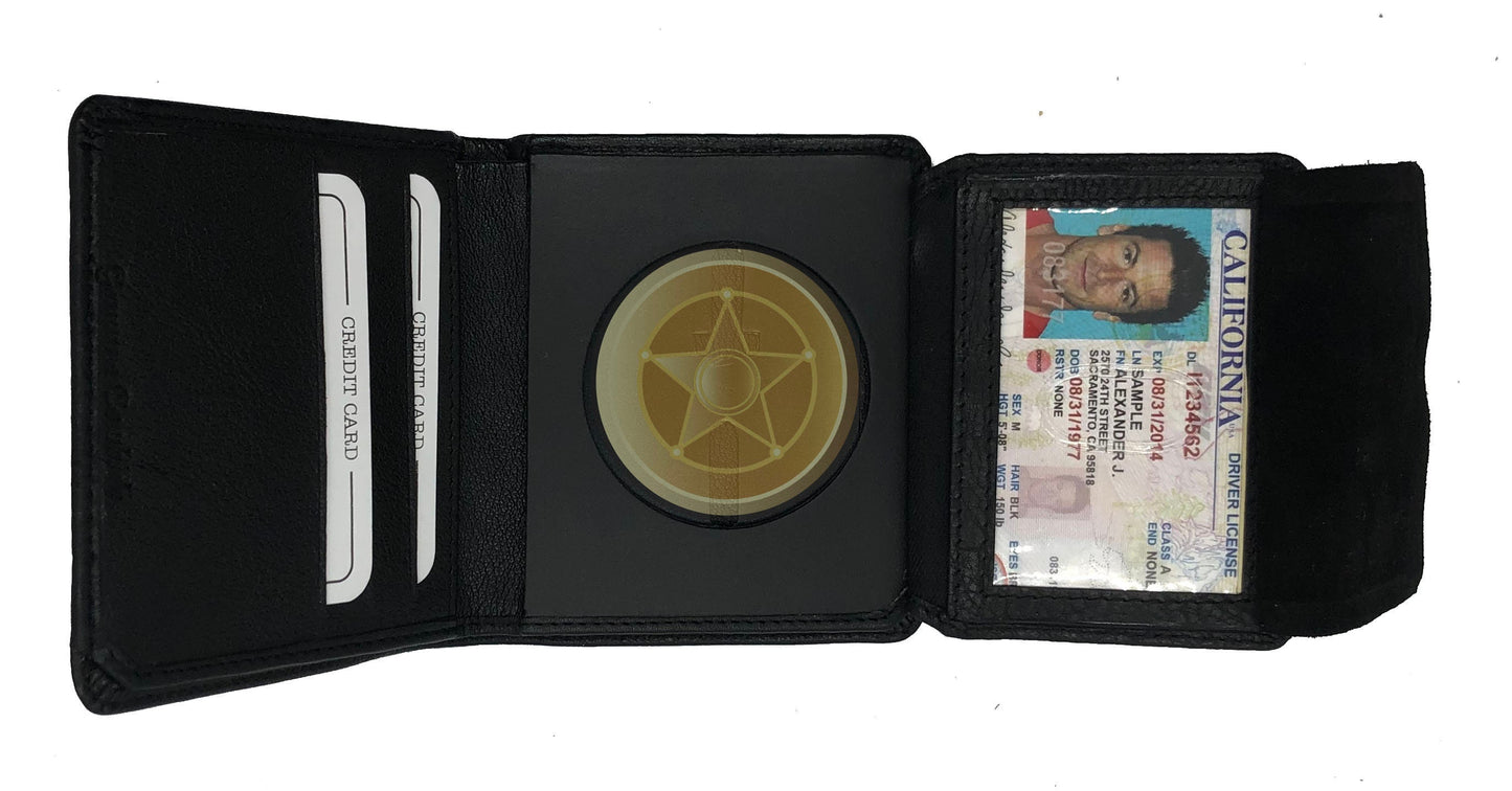 RFID Blocking Black Leather Men's Conceal Carry Badge Wallet License Circle Shield Holder