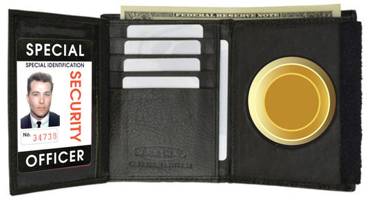 RFID Blocking Black Leather Men's Conceal Carry Badge Wallet License Rounded Shield Holder