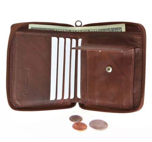 Genuine Leather Zip-Around Men's Bifold Wallet with coin pocket Black Brown Burgundy