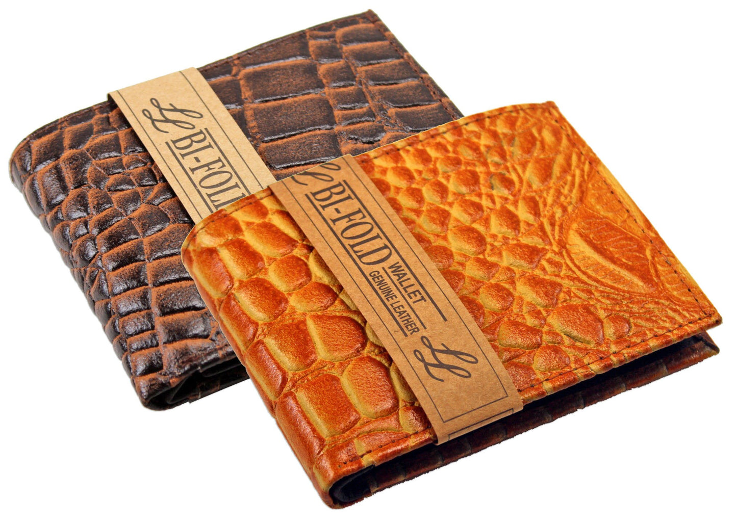 Genuine Cowhide Leather Croc Print Men's Flap Top Card Bifold Wallets Cowboy Western Style