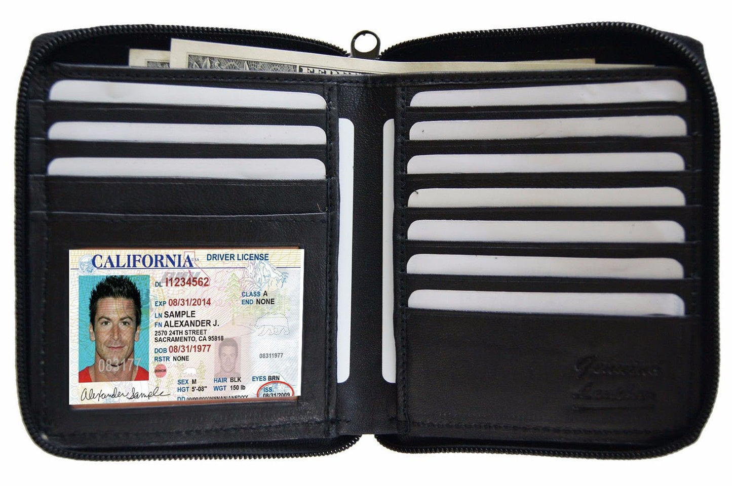 RFID Blocking Black Genuine Leather Zip-Around Men's Bifold Wallet with coin pocket