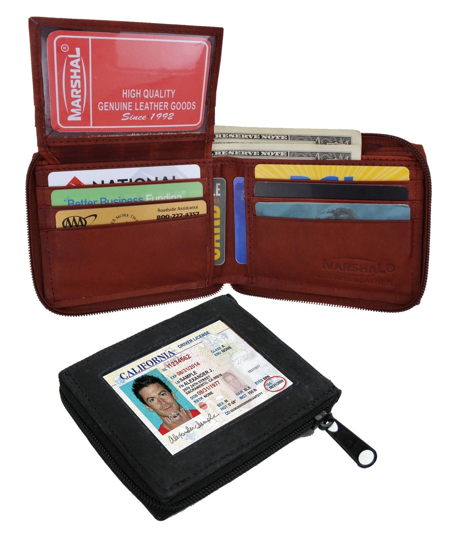 Genuine Leather Zip-Around Men's Bifold Wallet Flap Top ID Holder