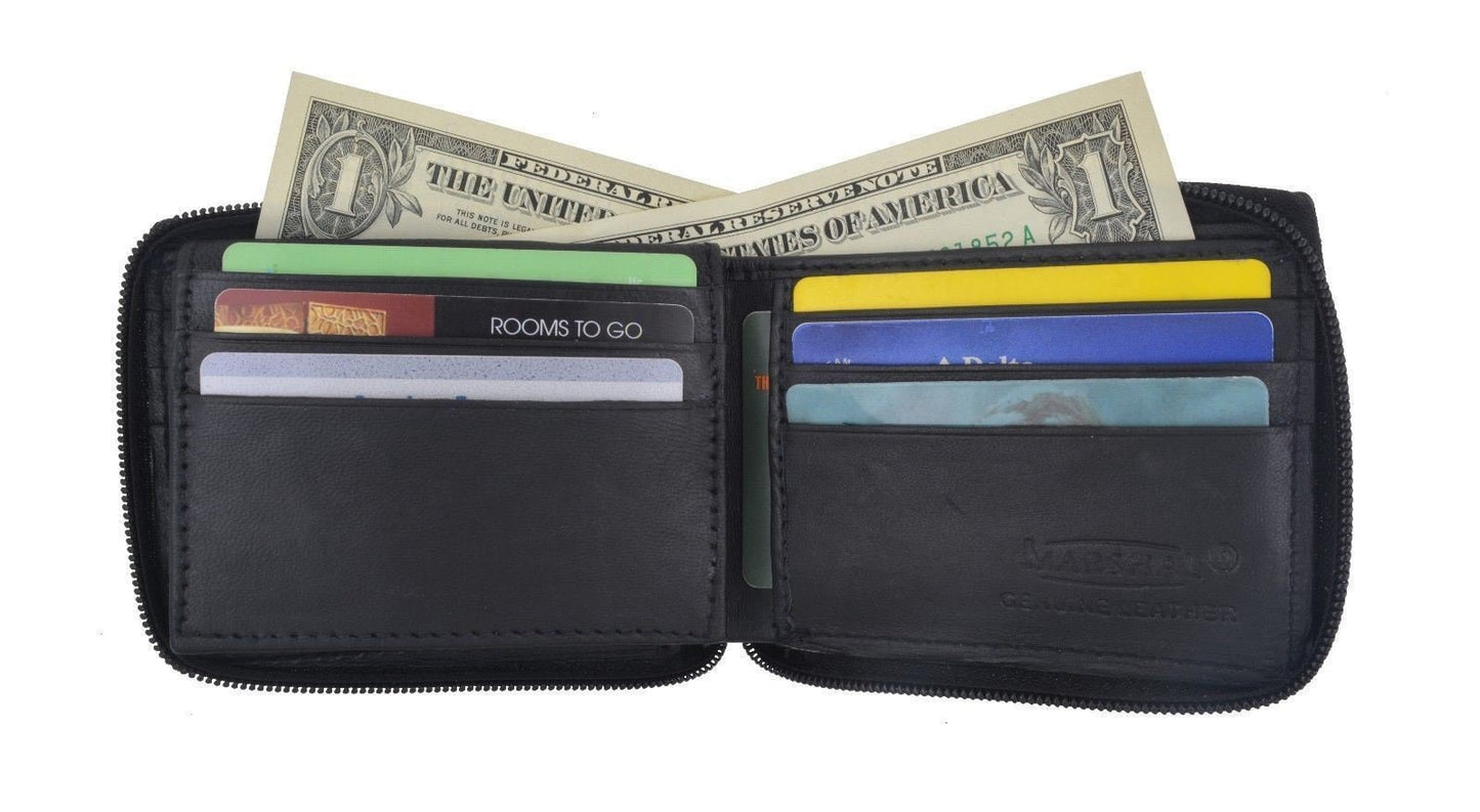 Genuine Leather Zip-Around Men's Bifold Wallet Flap Top ID Holder