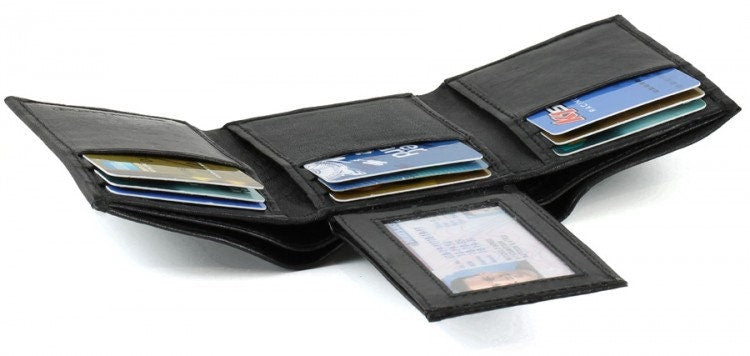 RFID Blocking Black Handcrafted Genuine Leather Mens Trifold Wallet Front Pocket ID badge Holder Flap Top