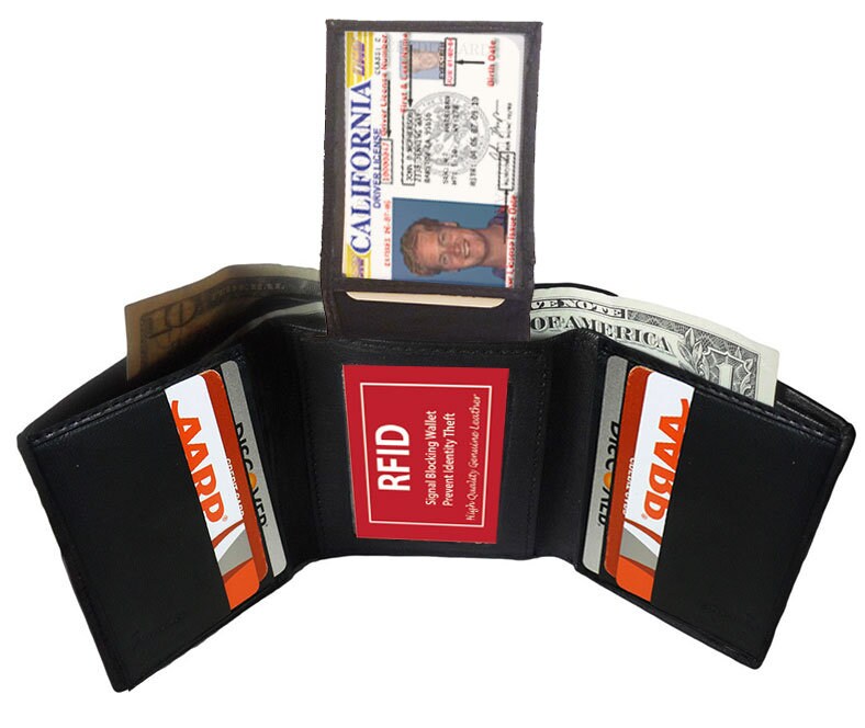 RFID Blocking Black Handcrafted Genuine Leather Mens Trifold Wallet Front Pocket ID badge Holder Flap Top