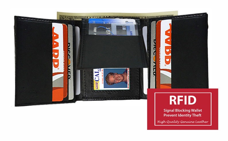 RFID Blocking Black Handcrafted Genuine Leather Mens Trifold Wallet Front Pocket ID badge Holder Flap Top