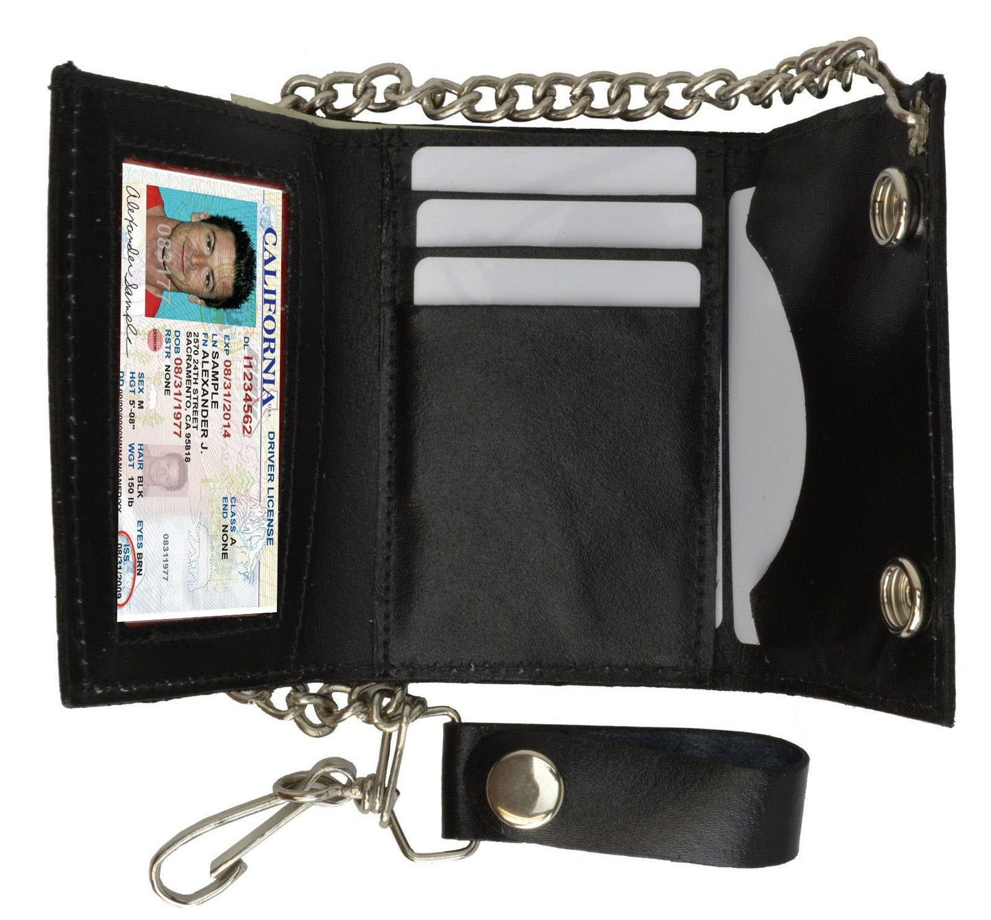 Black Mens Leather Biker's Steal Chain Trifold Wallet Trucker Motorcycle