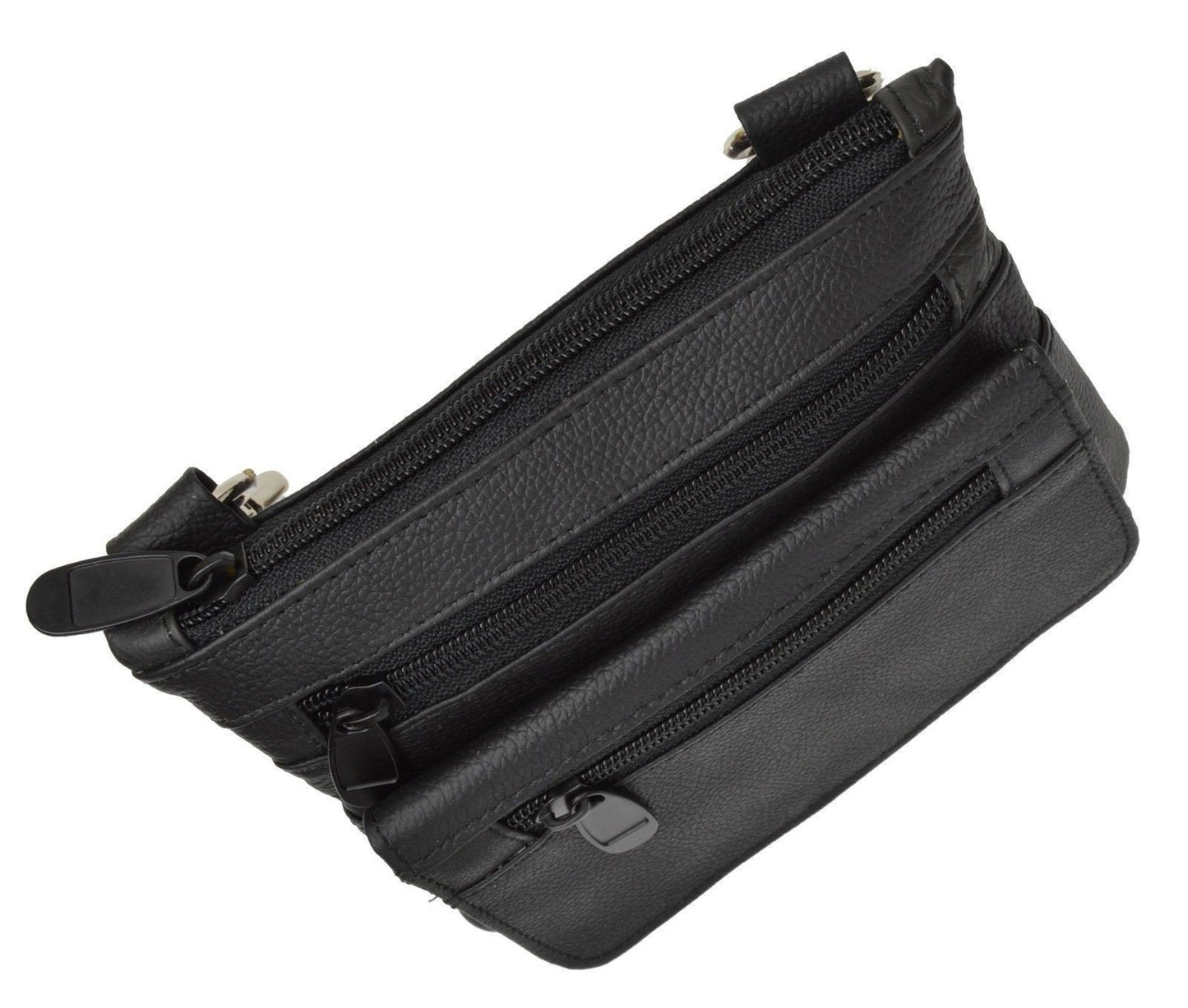 Black Genuine Cowhide Leather Cross Body Organizer Shoulder Bag Belt Clip Convertible Waist Purse