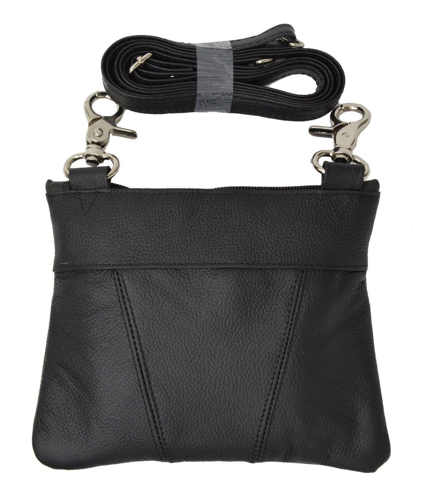 Black Genuine Cowhide Leather Cross Body Organizer Shoulder Bag Belt Clip Convertible Waist Purse