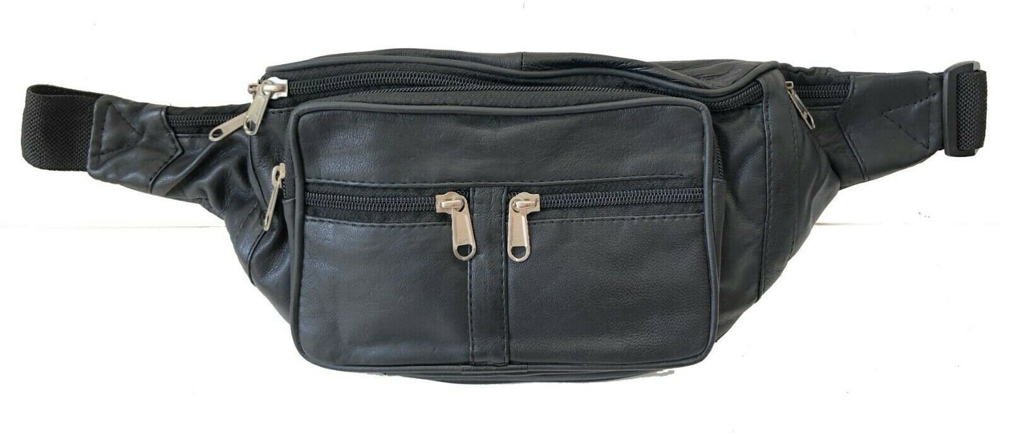 Black Leather Sport Fanny Pack Travel Waist Hip Jogging Zip Hip Bag Unisex