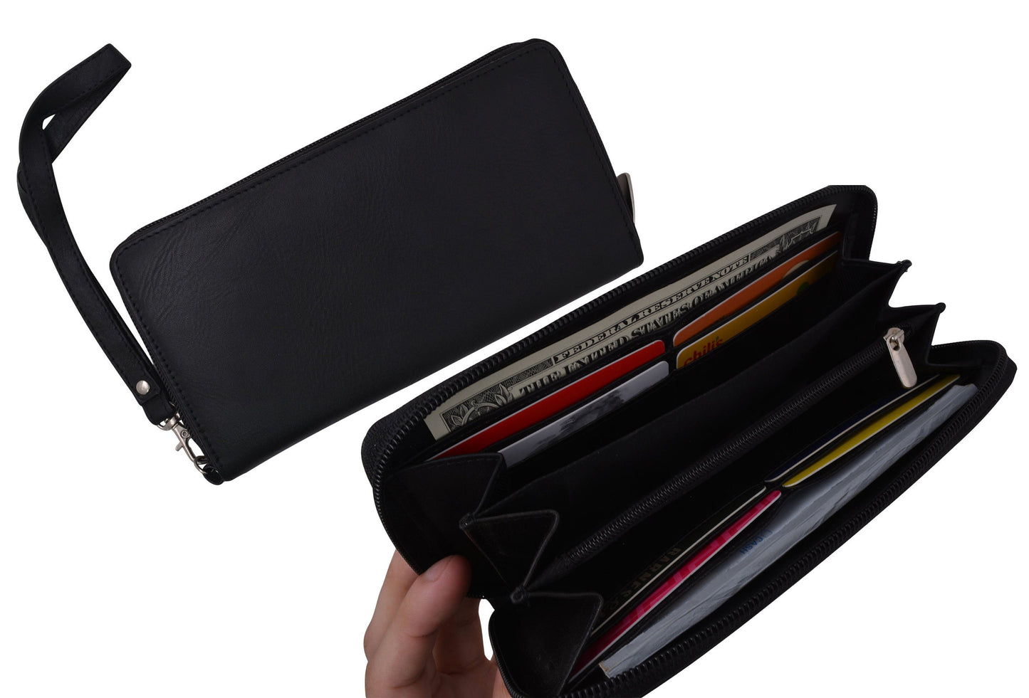 RFID Blocking Genuine Leather Women's Wristlet Wrist Strap Long Purse Leather Wallet