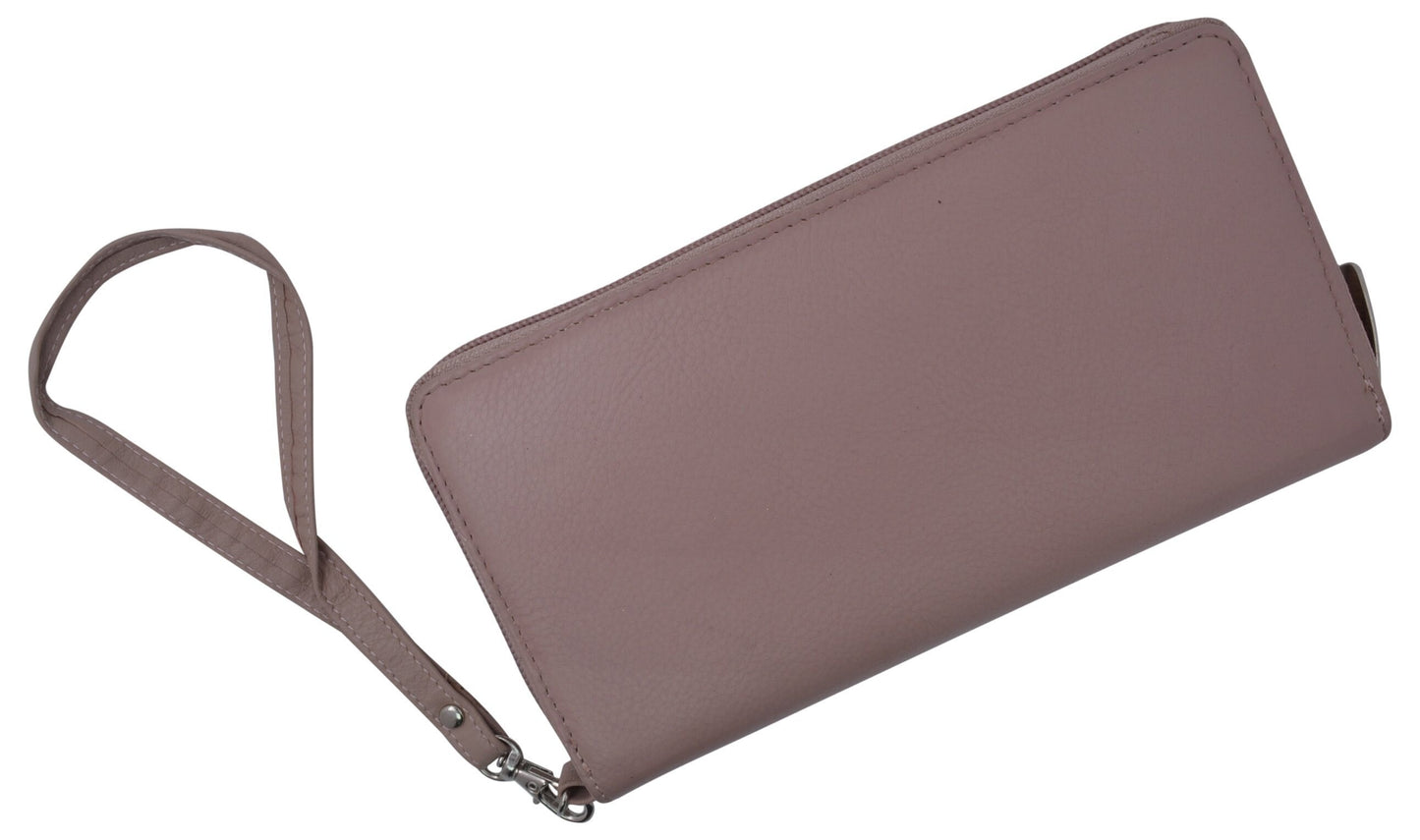 RFID Blocking Genuine Leather Women's Wristlet Wrist Strap Long Purse Leather Wallet