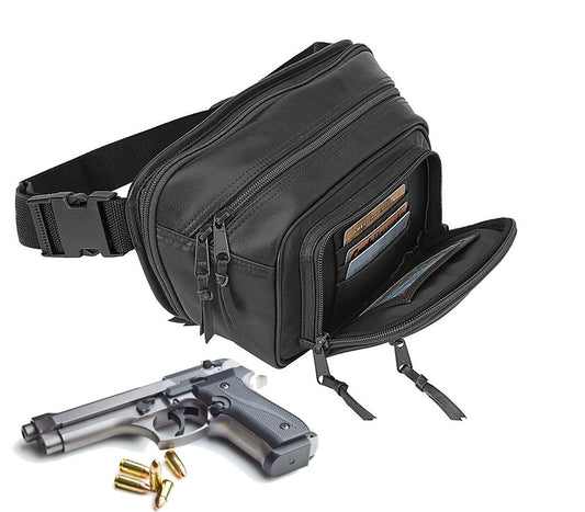 Black Handcrafted Top Grain Leather Concealed Carry Fanny Pack Waist Bag CCW