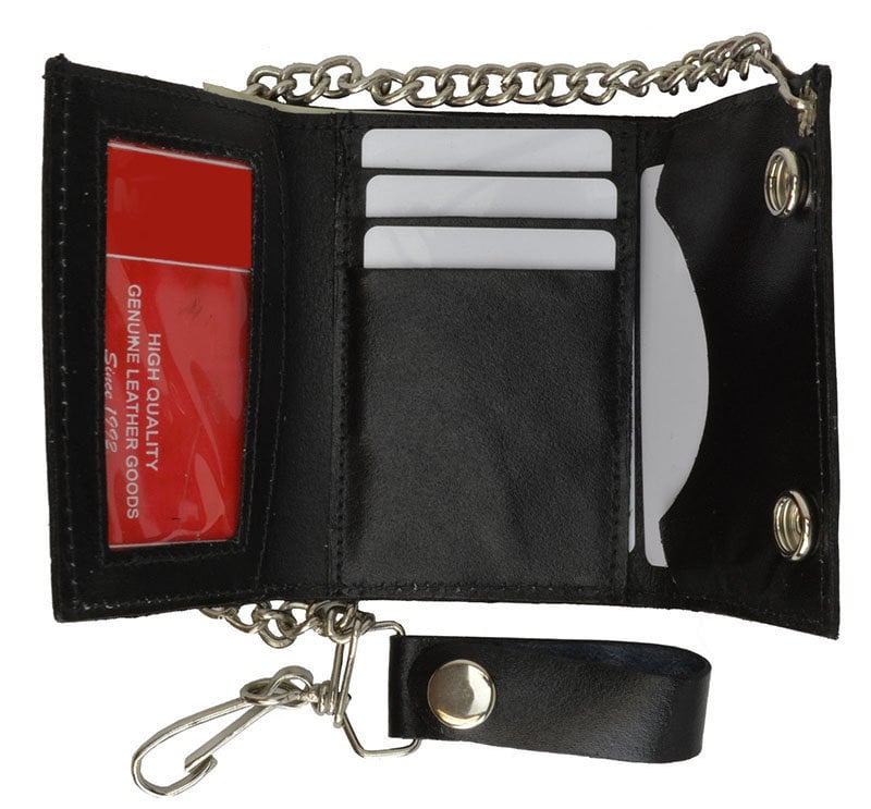 Black Full Grain Leather Men's Biker's Chain Trifold Wallet Trucker Motorcycle Plain or Eagle Print