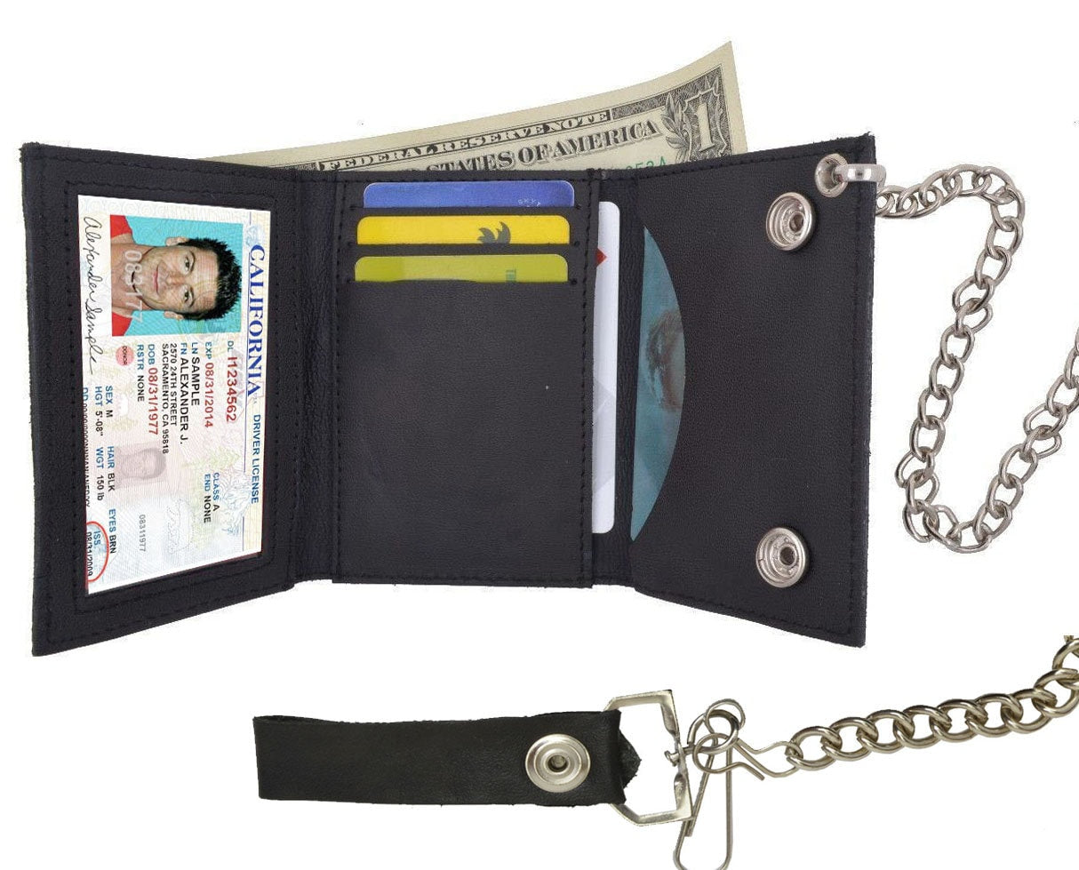 Black Full Grain Leather Men's Biker's Chain Trifold Wallet Trucker Motorcycle Plain or Eagle Print
