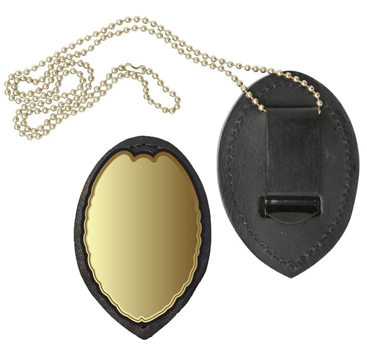 Black Genuine Leather Conceal Carry Security Officer Badge Holder Neck Metal Chain Security Lanyard