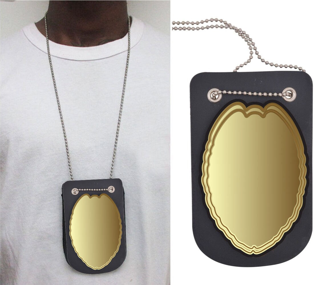 RFID Blocking Black Genuine Leather Conceal Carry Security Officer Badge Holder Neck Metal Chain Security Lanyard