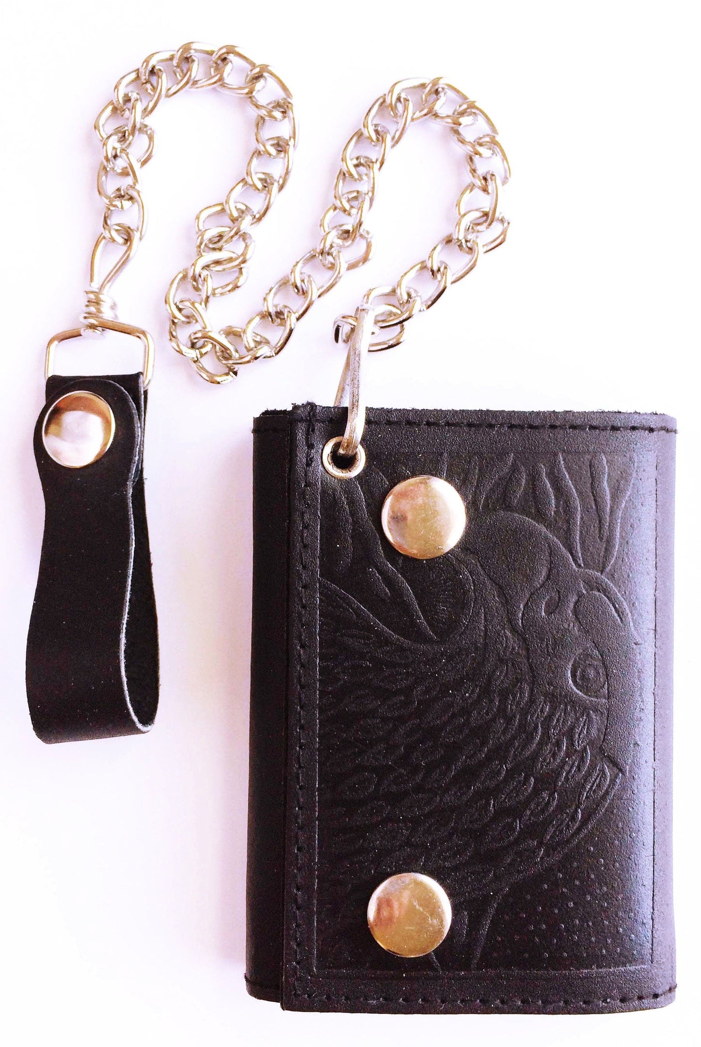Black Full Grain Leather Men's Biker's Chain Trifold Wallet Trucker Motorcycle Plain or Eagle Print