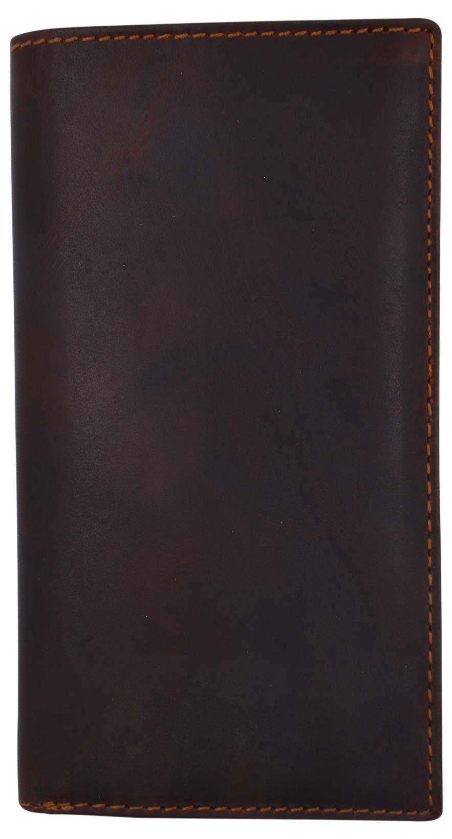 RFID Blocking Brown Hunter Leather Men's Checkbook Wallet Full Grain Cowhide Center Credit Card Cash Slot