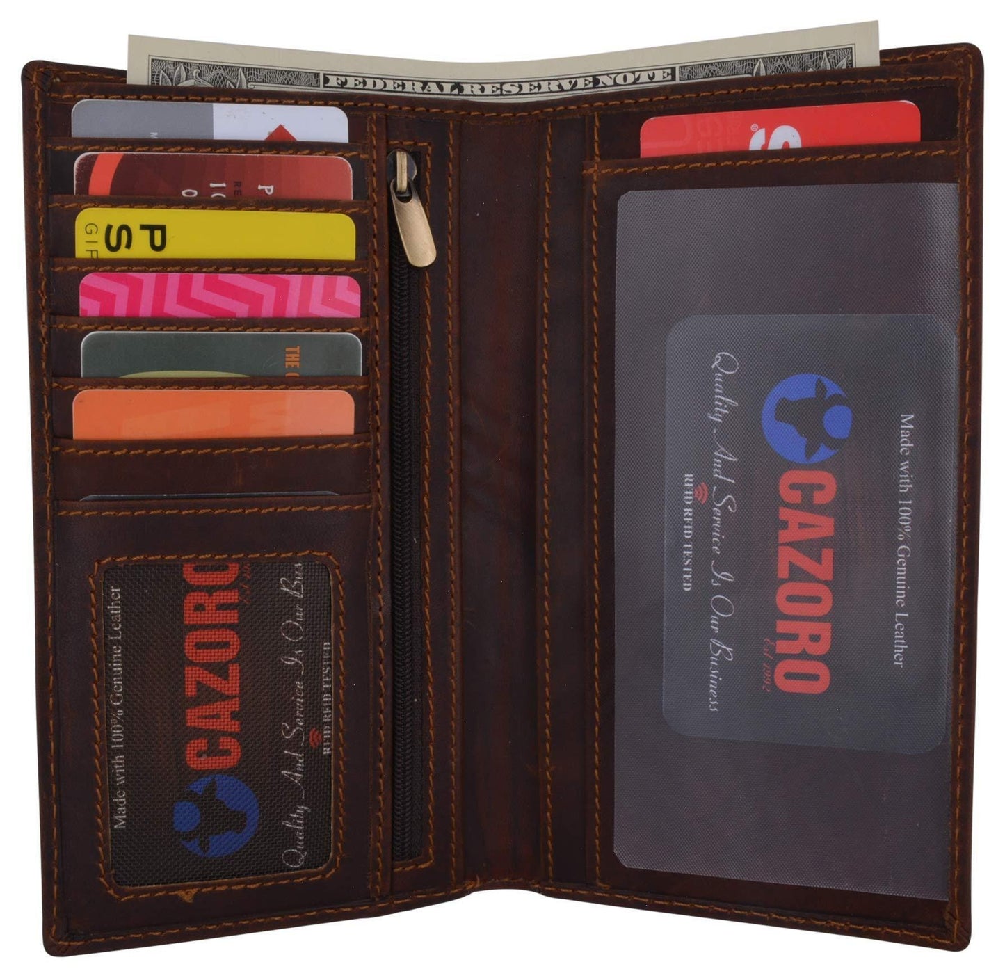 RFID Blocking Brown Hunter Leather Men's Checkbook Wallet Full Grain Cowhide Center Credit Card Cash Slot