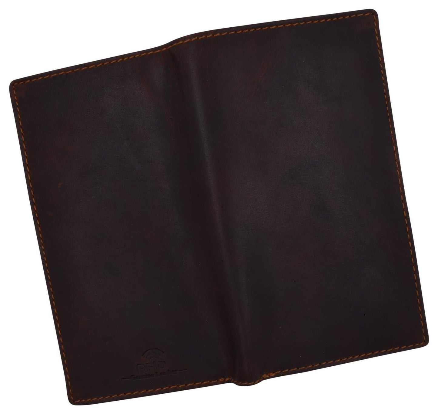 RFID Blocking Brown Hunter Leather Men's Checkbook Wallet Full Grain Cowhide Center Credit Card Cash Slot