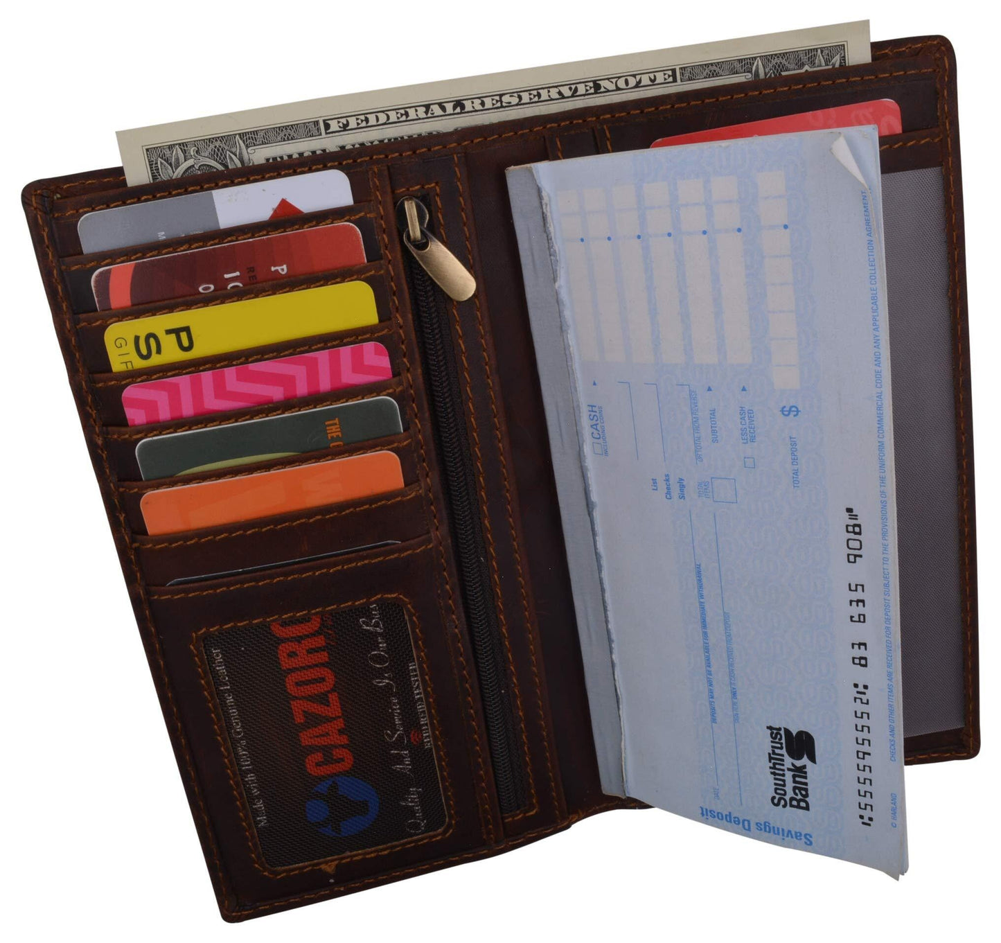 RFID Blocking Brown Hunter Leather Men's Checkbook Wallet Full Grain Cowhide Center Credit Card Cash Slot