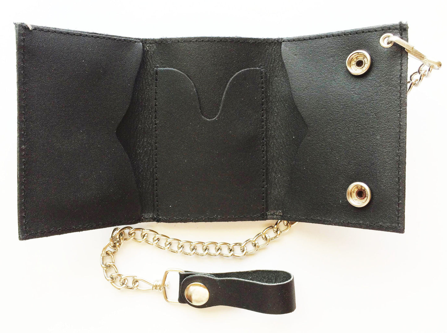Black Full Grain Leather Men's Biker's Chain Trifold Wallet Trucker Motorcycle Plain or Eagle Print