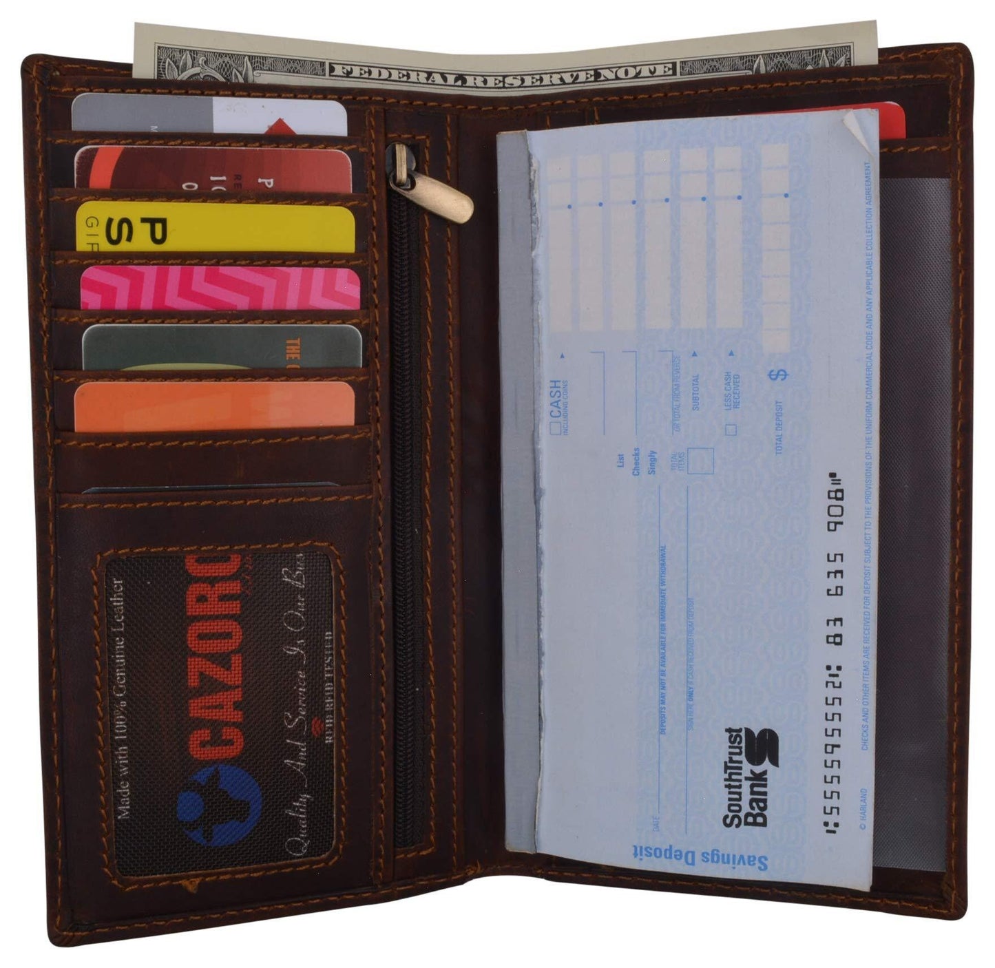 RFID Blocking Brown Hunter Leather Men's Checkbook Wallet Full Grain Cowhide Center Credit Card Cash Slot