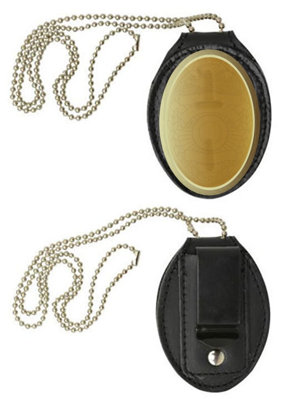 RFID Blocking Black Genuine Leather Conceal Carry Security Officer Badge Holder Neck Metal Chain Security Lanyard