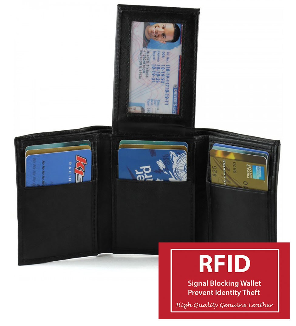 RFID Blocking Black Handcrafted Genuine Leather Mens Trifold Wallet Front Pocket ID badge Holder Flap Top
