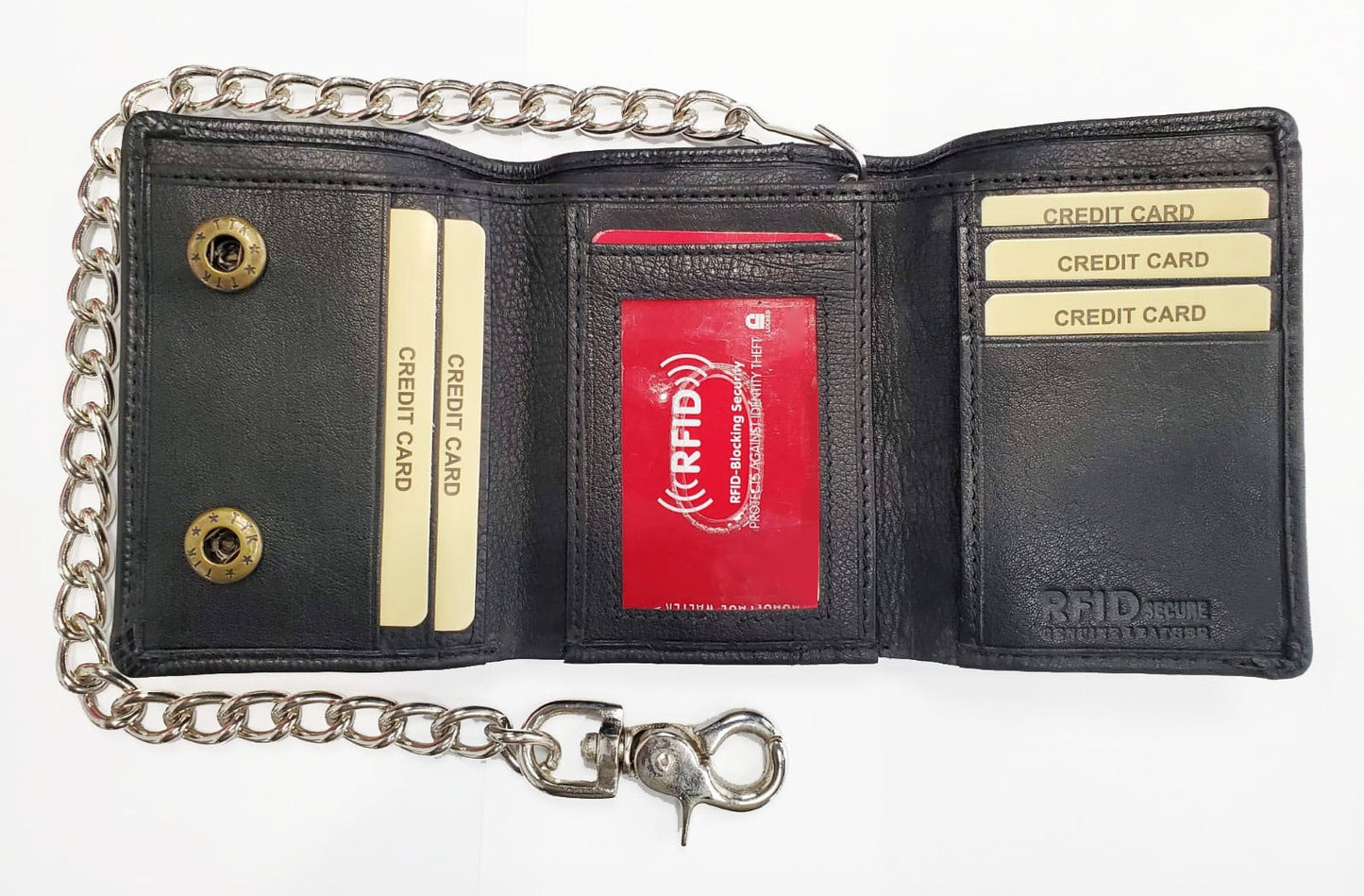 RFID Blocking Black Men's Premium Cowhide Leather Biker's Chain Trifold Wallet Trucker Motorcycle