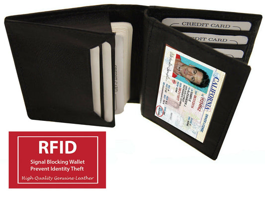RFID Blocking Black Genuine Leather ID Credit Cards Pocket Business Center Flap Men's Wallet