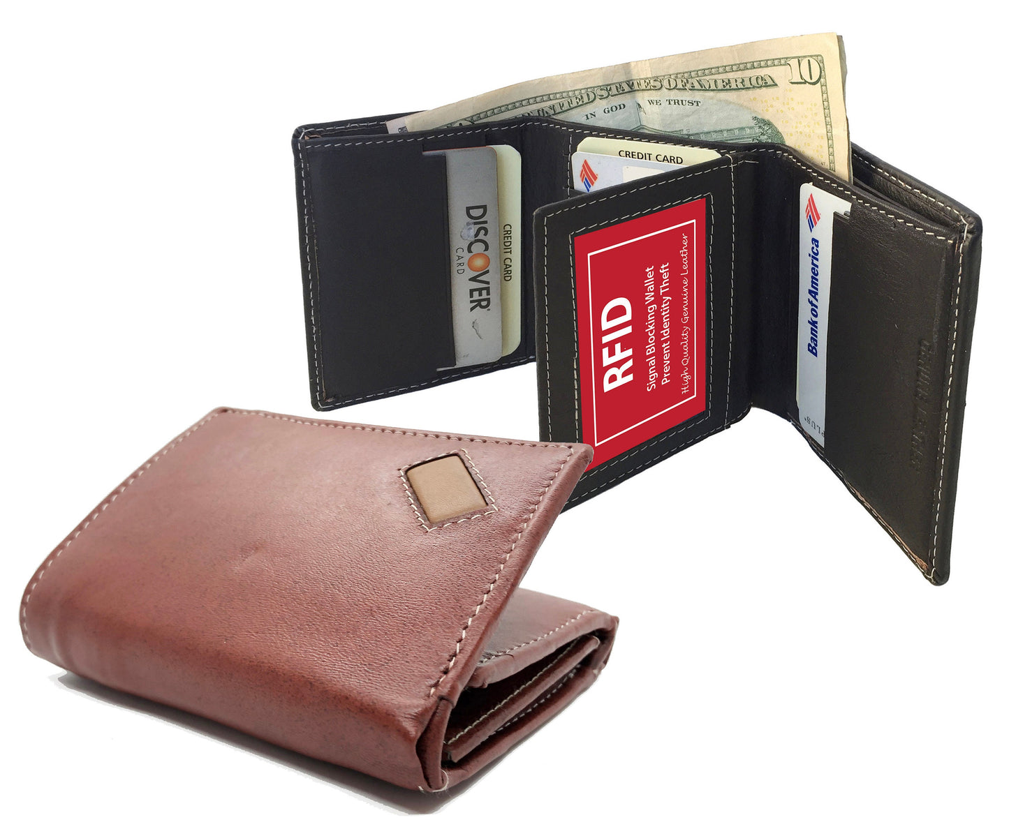 RFID Blocking Handcrafted Cowhide Genuine Leather Men's Trifold Wallet Center Flap Credit Card Wallet