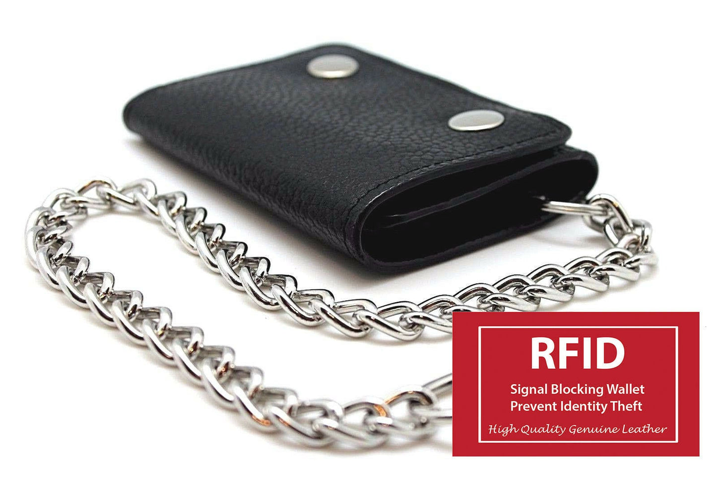 Black Mens Leather Biker's Steal Chain Trifold Wallet Trucker Motorcycle